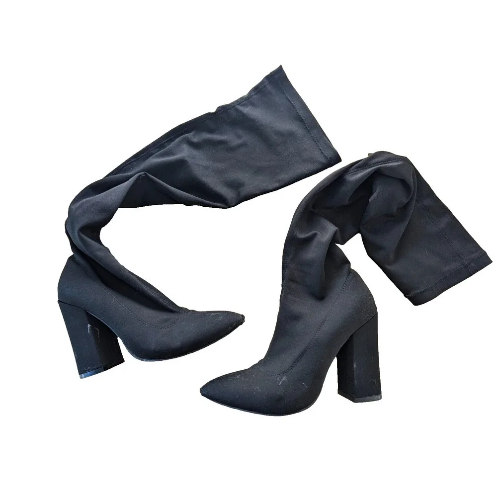 Simmi London Boots JOYCE Black Stretch Block Heel Over the Knee Chunky Size 6 UK